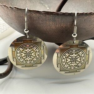 Sri Yantra Round Silver Tone Dangle Earrings | Sacred Geometry Boho Jewelry